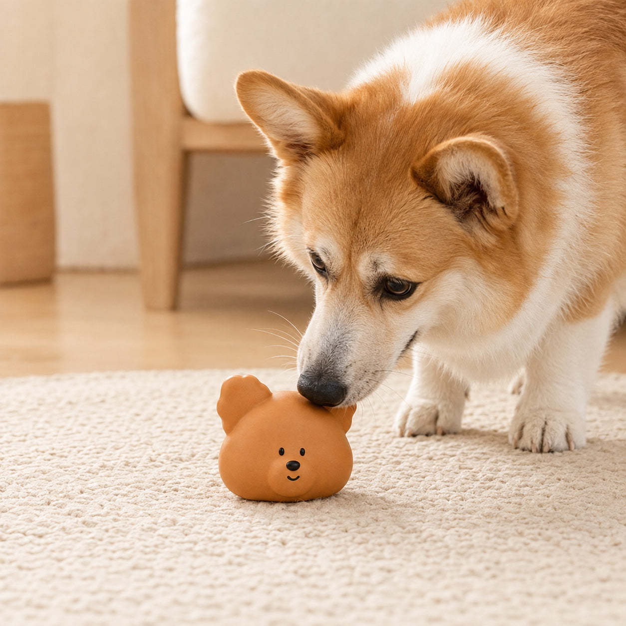 Chien découvrant le jouet couineur Pawfect